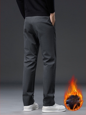 Pantaloni casual bărbați din bumbac, căptușiți cu fleece, talie înaltă, croială dreaptă, fermoar, multe buzunare, pentru iarnă
