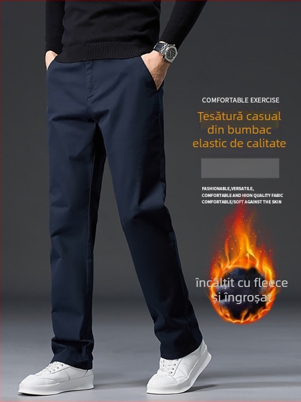 Pantaloni casual bărbați din bumbac, căptușiți cu fleece, talie înaltă, croială dreaptă, fermoar, multe buzunare, pentru iarnă