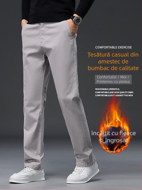 Pantaloni casual bărbați din bumbac, căptușiți cu fleece, talie înaltă, croială dreaptă, fermoar, multe buzunare, pentru iarnă
