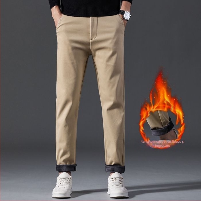 Pantaloni casual bărbați din bumbac, căptușiți cu fleece, talie înaltă, croială dreaptă, fermoar, multe buzunare, pentru iarnă