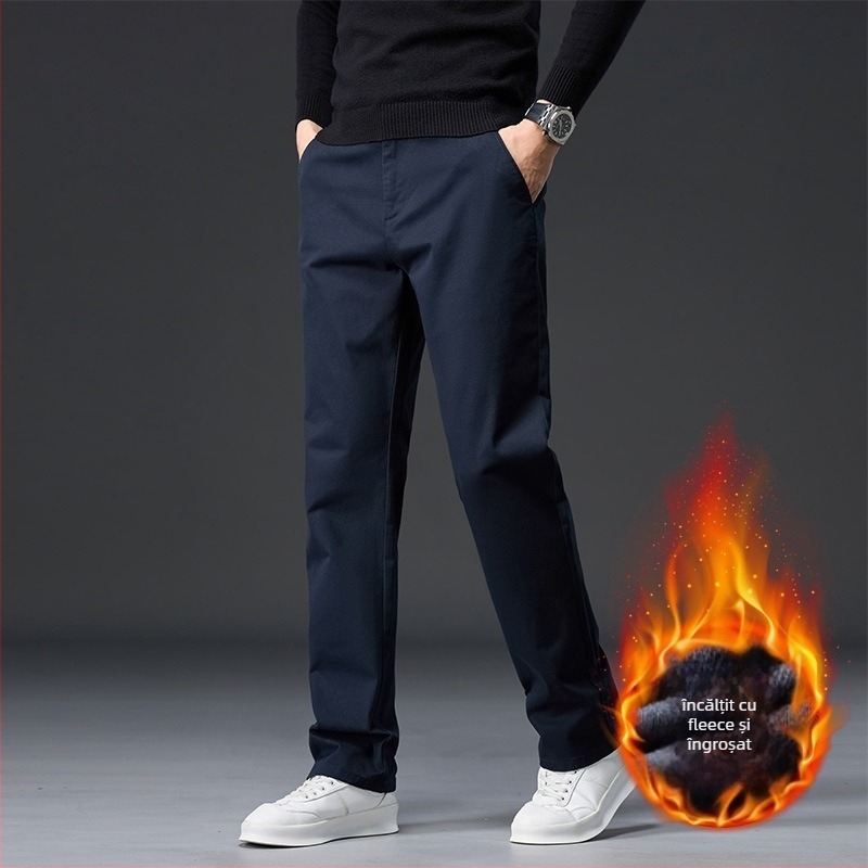 Pantaloni casual bărbați din bumbac, căptușiți cu fleece, talie înaltă, croială dreaptă, fermoar, multe buzunare, pentru iarnă