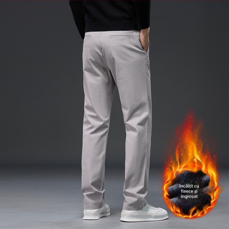 Pantaloni casual bărbați din bumbac, căptușiți cu fleece, talie înaltă, croială dreaptă, fermoar, multe buzunare, pentru iarnă
