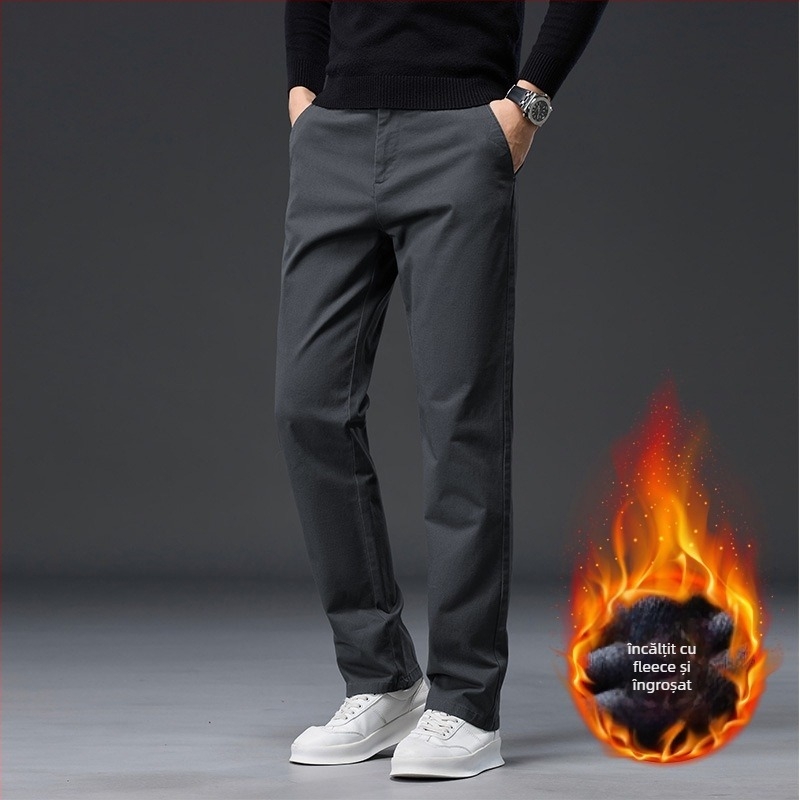 Pantaloni casual bărbați din bumbac, căptușiți cu fleece, talie înaltă, croială dreaptă, fermoar, multe buzunare, pentru iarnă
