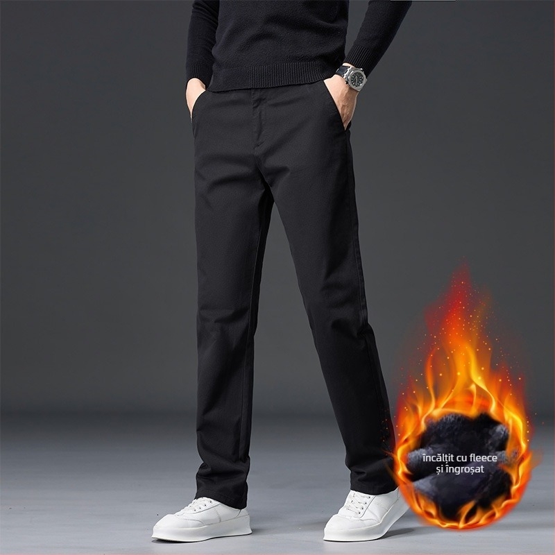 Pantaloni casual bărbați din bumbac, căptușiți cu fleece, talie înaltă, croială dreaptă, fermoar, multe buzunare, pentru iarnă