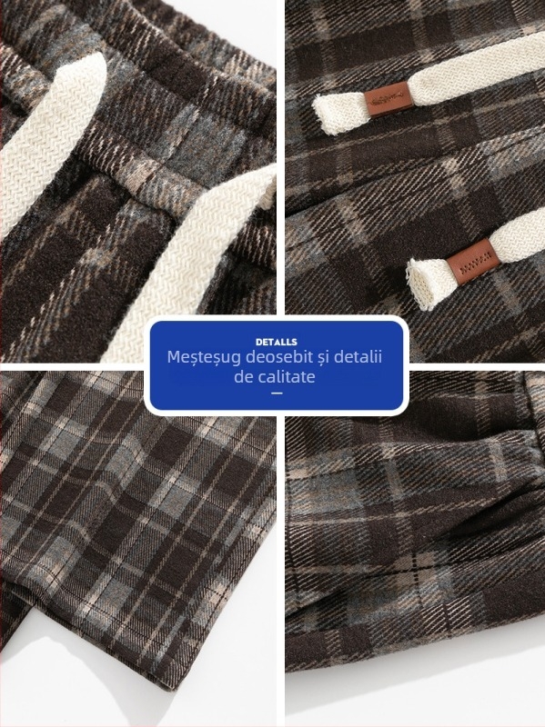 Pantaloni casual bărbați cu carouri, croială lejeră, țesătură stretch, talie medie, închidere cu șiret, toamnă