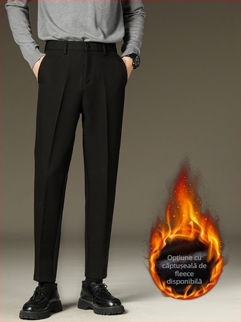 Pantaloni bărbați pentru business casual, croială conică, talie medie, fermoar frontal, amestec poliester-elastan 95%, model solid, primăvară-toamnă