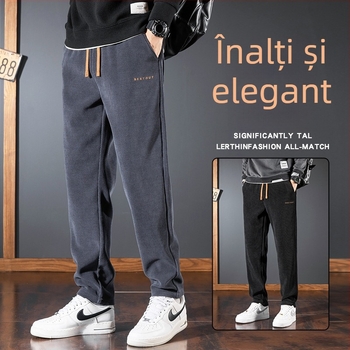 Pantaloni sport casual pentru bărbați, stil japonez retro, croială dreaptă, talie medie, închidere cu șnur, căptușeală fleece, poliester