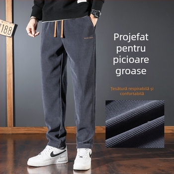 Pantaloni sport casual pentru bărbați, stil japonez retro, croială dreaptă, talie medie, închidere cu șnur, căptușeală fleece, poliester