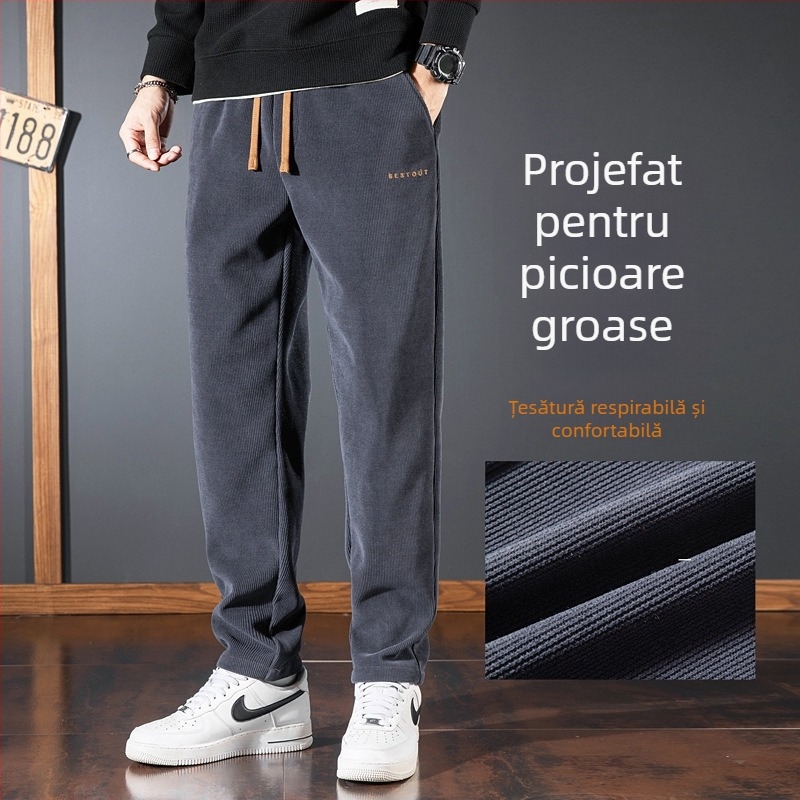 Pantaloni sport casual pentru bărbați, stil japonez retro, croială dreaptă, talie medie, închidere cu șnur, căptușeală fleece, poliester