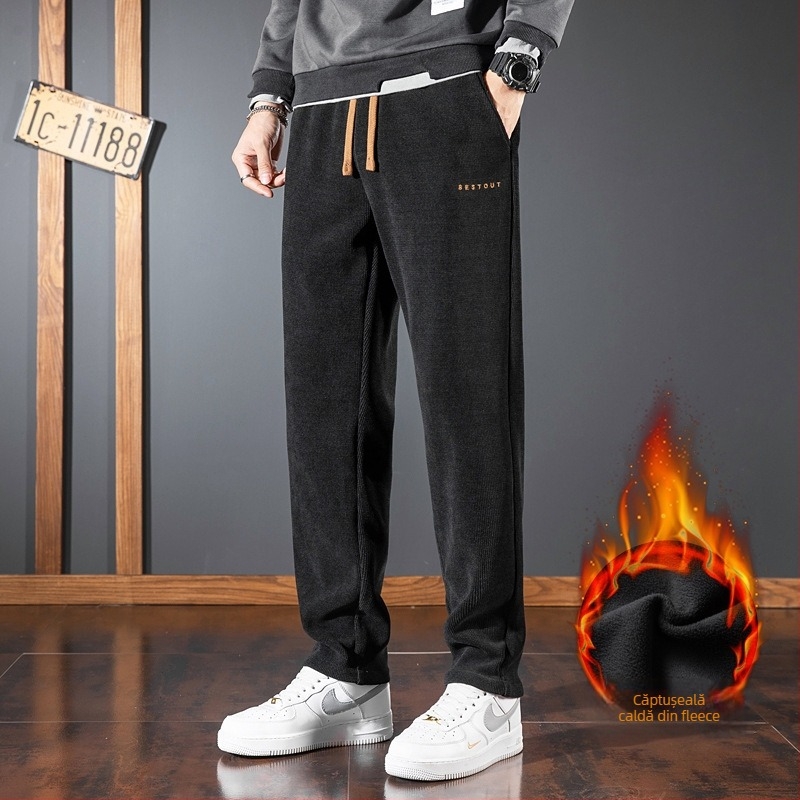 Pantaloni sport casual pentru bărbați, stil japonez retro, croială dreaptă, talie medie, închidere cu șnur, căptușeală fleece, poliester