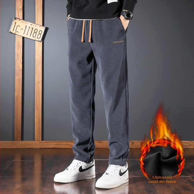 Pantaloni sport casual pentru bărbați, stil japonez retro, croială dreaptă, talie medie, închidere cu șnur, căptușeală fleece, poliester