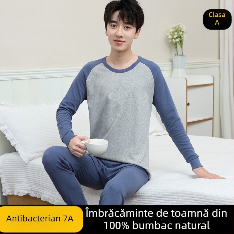 Set de lenjerie termică din bumbac pentru adolescenți (top + bottom) – 100% bumbac, respirabil, antibacterian, menține căldura, 500 g/set, subțire, vârsta 13–18 ani