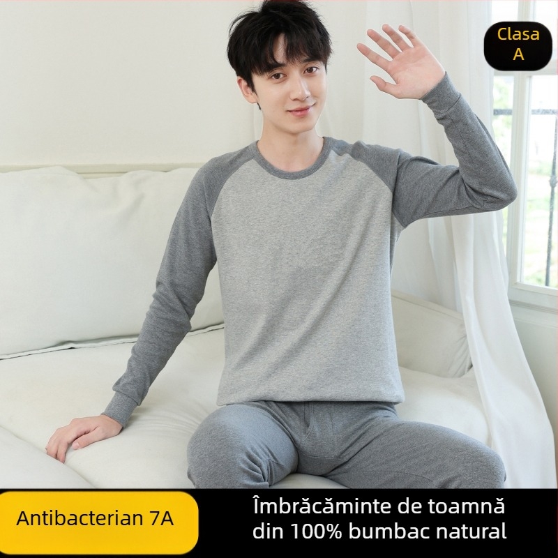 Set de lenjerie termică din bumbac pentru adolescenți (top + bottom) – 100% bumbac, respirabil, antibacterian, menține căldura, 500 g/set, subțire, vârsta 13–18 ani