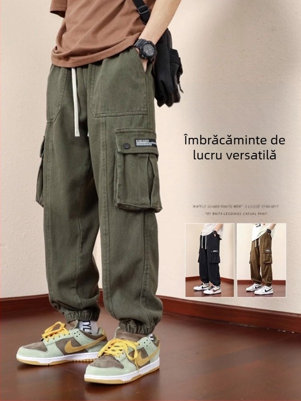 Pantaloni cargo pentru bărbați, croială relaxată, bumbac, închidere cu șiret, buzunare decorative, primăvară-toamnă