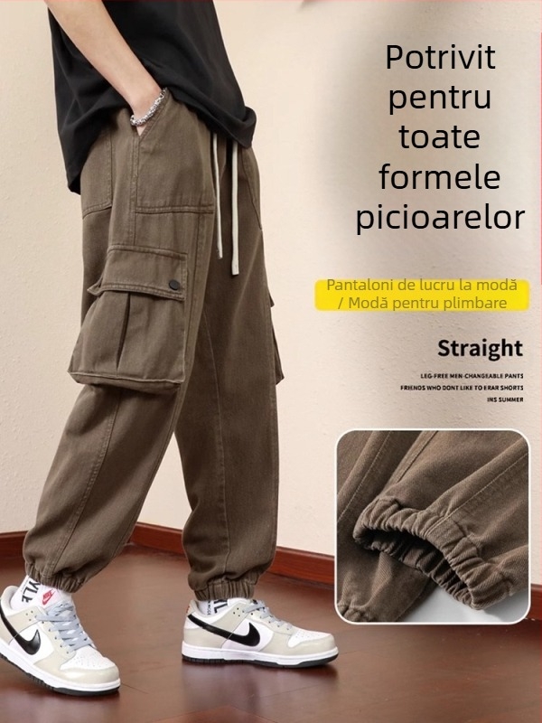 Pantaloni cargo pentru bărbați, croială relaxată, bumbac, închidere cu șiret, buzunare decorative, primăvară-toamnă