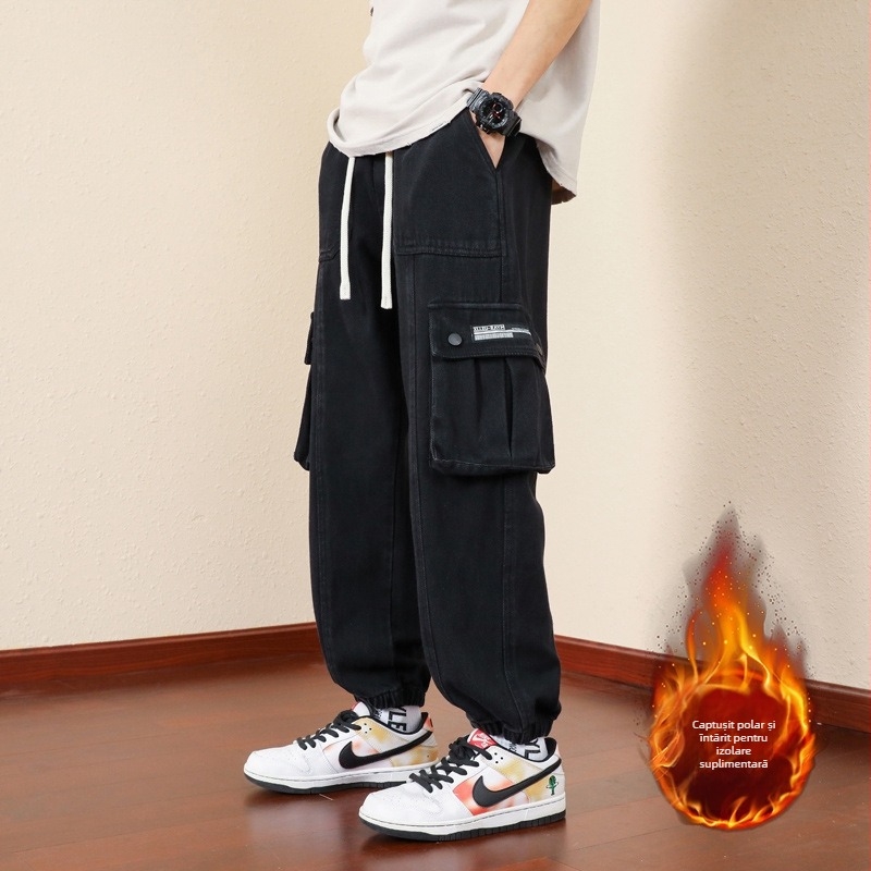 Pantaloni cargo pentru bărbați, croială relaxată, bumbac, închidere cu șiret, buzunare decorative, primăvară-toamnă