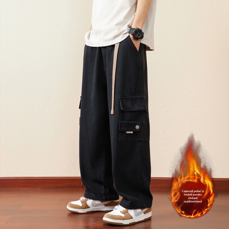 Pantaloni cargo pentru bărbați, croială relaxată, bumbac, închidere cu șiret, buzunare decorative, primăvară-toamnă