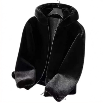 Palton din blană de nurcă pentru bărbați, cu glugă, lungime medie, croială lejeră, închidere cu fermoar, blană naturală