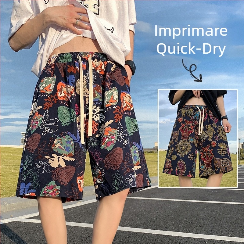 Șorturi de plajă — stil urban, model în dungi, țesătură din blană de iepure, micro-elastice