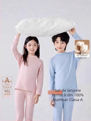 Set termic pentru copii, din două piese, unisex, 95,8% bumbac, 4,2% spandex, finisaj moale, potrivit pentru iarnă, primăvară și toamnă