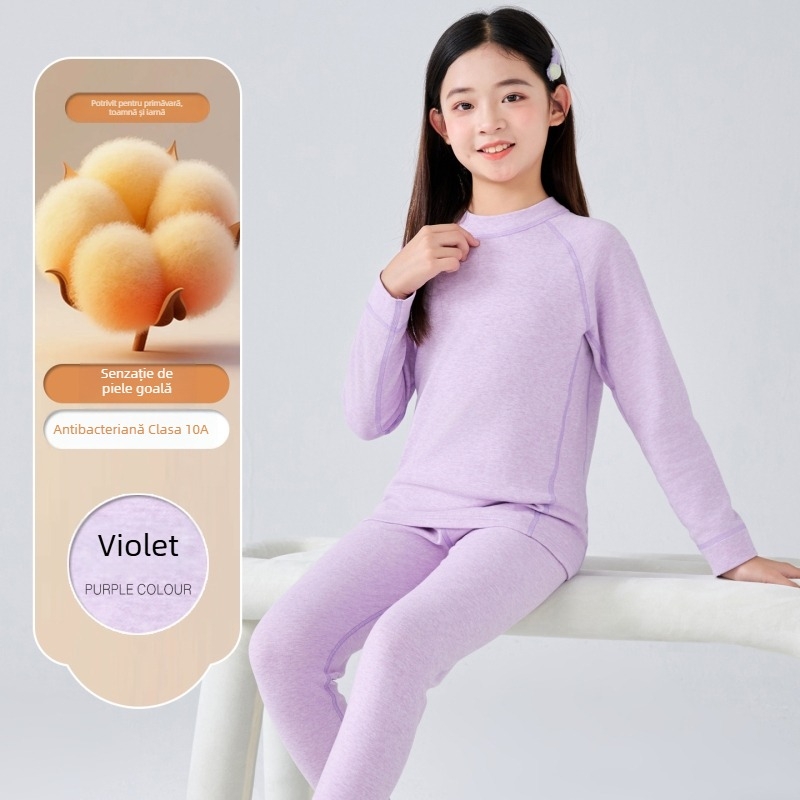 Set termic pentru copii, din două piese, unisex, 95,8% bumbac, 4,2% spandex, finisaj moale, potrivit pentru iarnă, primăvară și toamnă