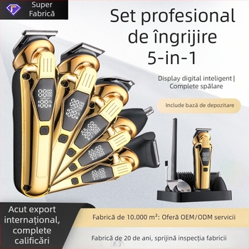 Mașină electrică de tuns păr, set 5-în-1, reîncărcabilă, lame din oțel inoxidabil (baterie încorporată 500–800 mAh, autonomie 1–3 h, zgomot 46–70 dB)