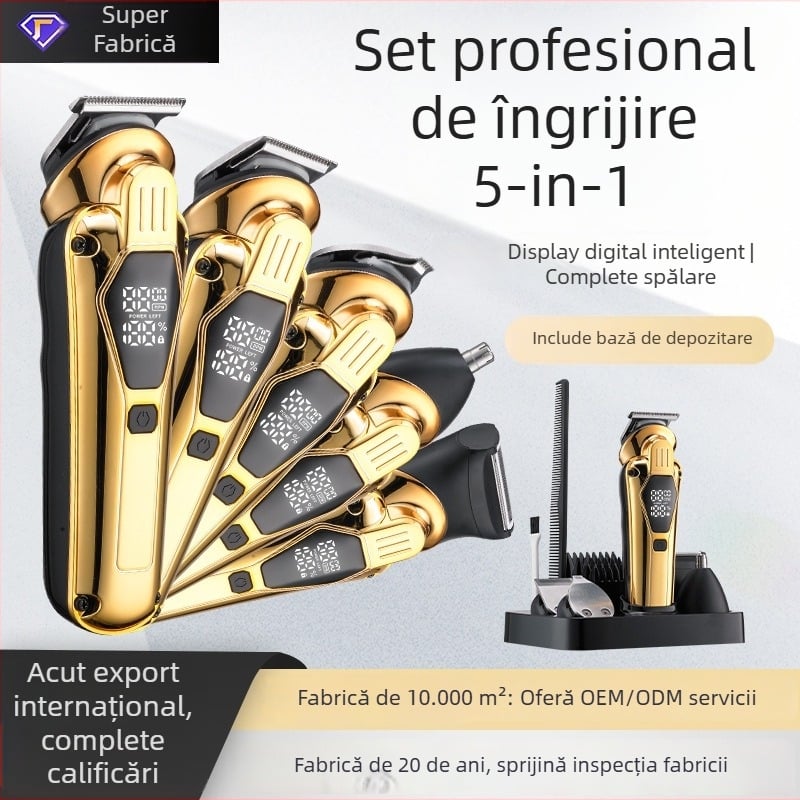 Mașină electrică de tuns păr, set 5-în-1, reîncărcabilă, lame din oțel inoxidabil (baterie încorporată 500–800 mAh, autonomie 1–3 h, zgomot 46–70 dB)