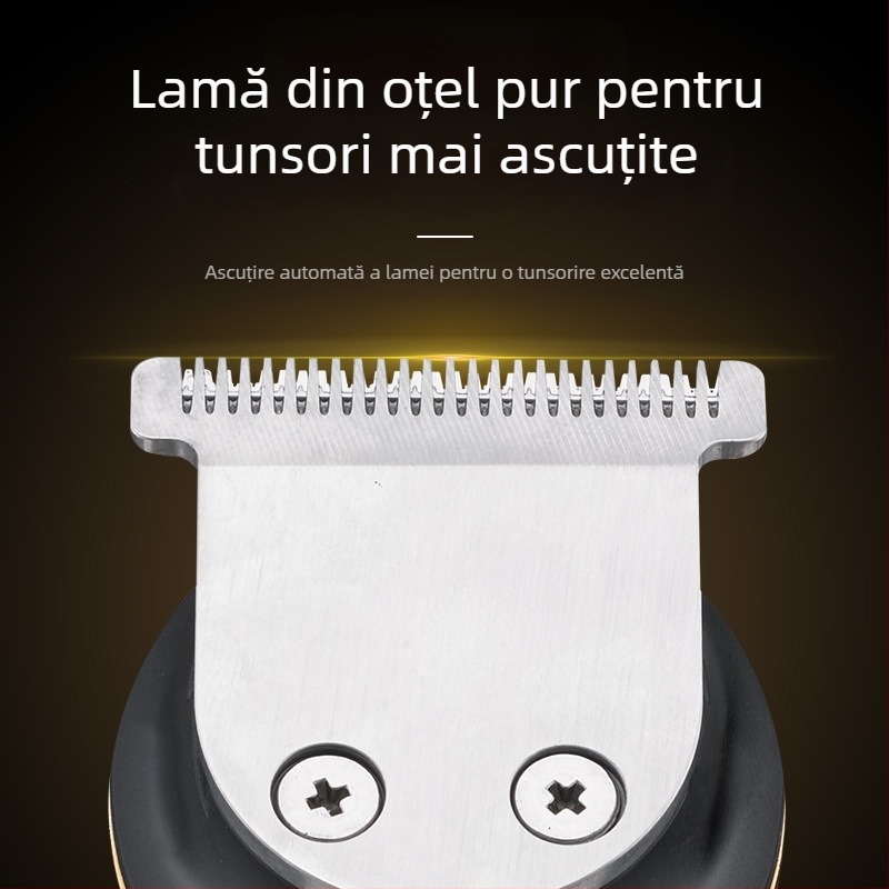 Mașină electrică de tuns păr, set 5-în-1, reîncărcabilă, lame din oțel inoxidabil (baterie încorporată 500–800 mAh, autonomie 1–3 h, zgomot 46–70 dB)