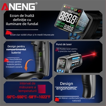 ANENG termometru infraroșu pentru uz industrial — timp de reacție 0,5 s, baterie AA