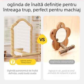 Jucărie oglindă pentru papagal cu suport din lemn (Anti-evadare, Fără role, Pentru păsări)