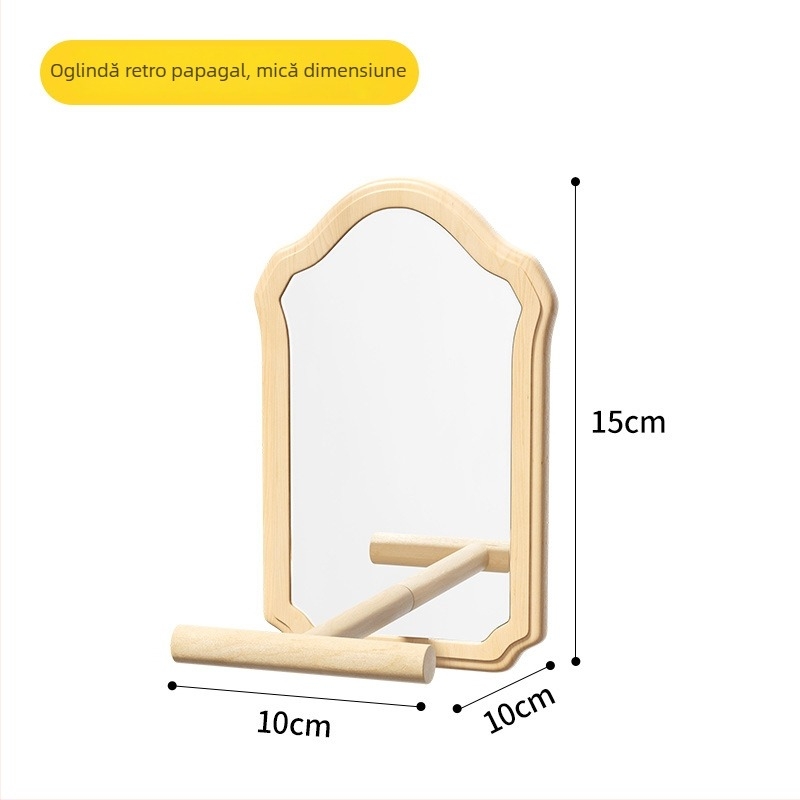 Jucărie oglindă pentru papagal cu suport din lemn (Anti-evadare, Fără role, Pentru păsări)