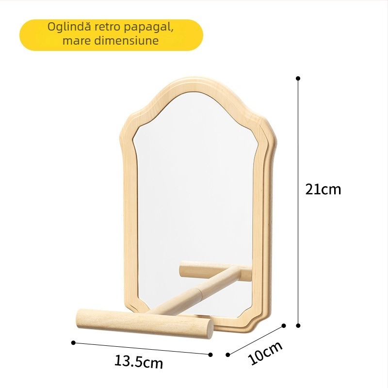 Jucărie oglindă pentru papagal cu suport din lemn (Anti-evadare, Fără role, Pentru păsări)