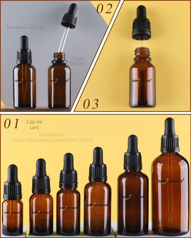 Sticlă cosmetică din sticlă personalizabilă cu pipetă antifurt, gât 18/410, imprimare și electroplating, pentru ambalare de frumusețe