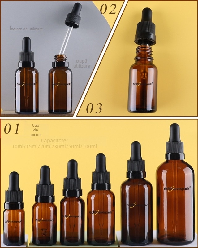 Sticlă cosmetică din sticlă personalizabilă cu pipetă antifurt, gât 18/410, imprimare și electroplating, pentru ambalare de frumusețe