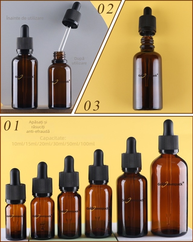 Sticlă cosmetică din sticlă personalizabilă cu pipetă antifurt, gât 18/410, imprimare și electroplating, pentru ambalare de frumusețe