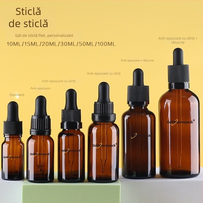 Sticlă cosmetică din sticlă personalizabilă cu pipetă antifurt, gât 18/410, imprimare și electroplating, pentru ambalare de frumusețe