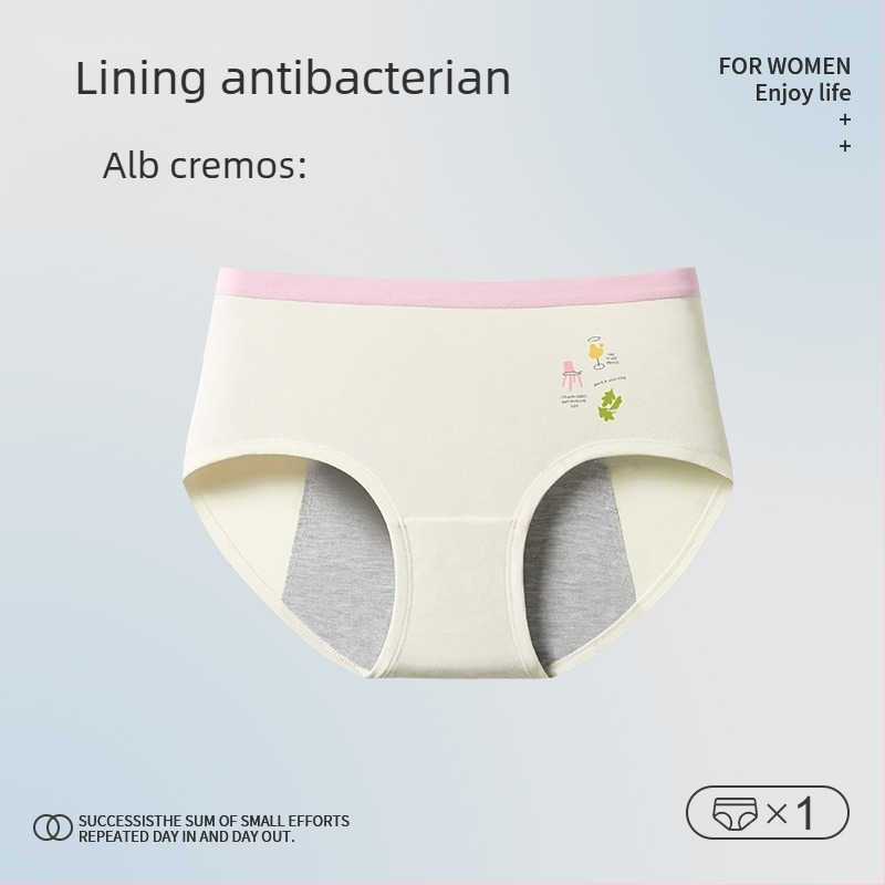 Chiloți de menstruație pentru adolescente – imprimeu cu desene animate, material principal bumbac 46%, căptușeală zonă inghinală 5% spandeks, talie medie, pentru fete 13–18 ani