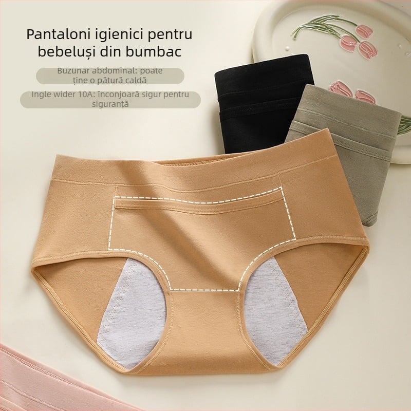 Chiloți menstrual din bumbac pentru femei, protecție anti-scurgeri din trei straturi, antibacterian, talie medie; exterior 95% bumbac, căptușeală 100% bumbac