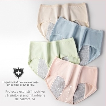 Chiloți pentru femei din bumbac 100% cu croială cu crotch extins, 60 buc, antibacterian 7A, protecție împotriva scurgerilor în timpul menstruației