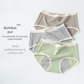 Chiloți pentru menstruație din bumbac pentru femei, cu protecție împotriva scurgerilor pe lateral, material principal 95% bumbac, căptușeală în zona inghinală 95% bumbac, talie medie