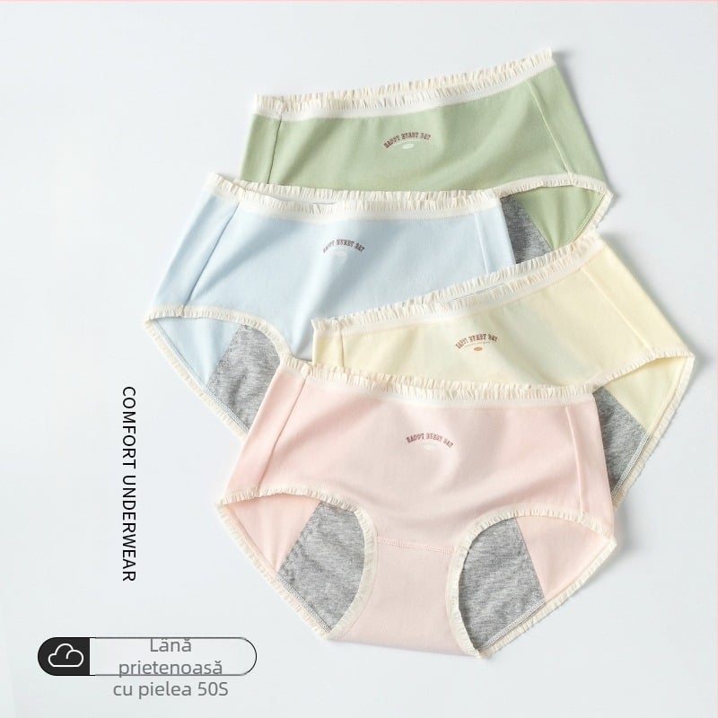 Chiloți pentru menstruație din bumbac pentru femei, cu protecție împotriva scurgerilor pe lateral, material principal 95% bumbac, căptușeală în zona inghinală 95% bumbac, talie medie
