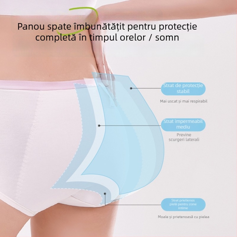 Pantaloni menstrual din modal pentru adolescente, talie medie, căptușeală la zona croților 72% fibră regenerată de celuloză, funcție fiziologică, imprimeu desene animate