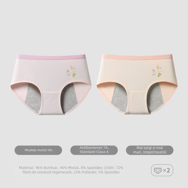 Pantaloni menstrual din modal pentru adolescente, talie medie, căptușeală la zona croților 72% fibră regenerată de celuloză, funcție fiziologică, imprimeu desene animate