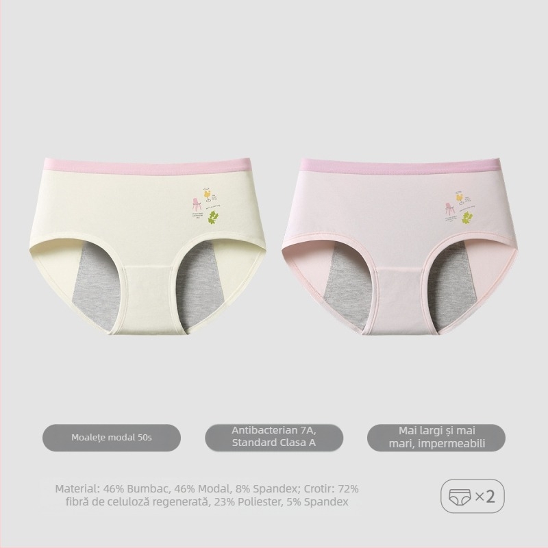 Pantaloni menstrual din modal pentru adolescente, talie medie, căptușeală la zona croților 72% fibră regenerată de celuloză, funcție fiziologică, imprimeu desene animate