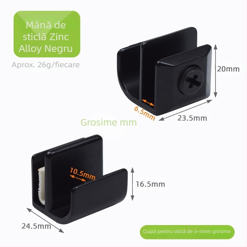 Mâner pentru ușă de dulap din sticlă, oțel inoxidabil, finisaj negru satinat, stil modern minimalist