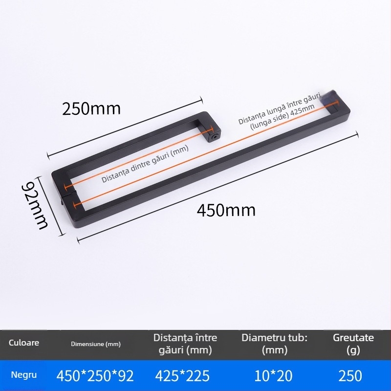 Mâner pentru duș pentru uși din sticlă, oțel inoxidabil 1020, model minimalist cu tub pătrat, stil modern