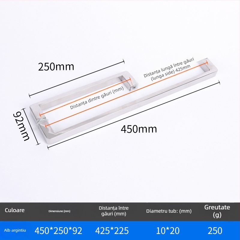 Mâner pentru duș pentru uși din sticlă, oțel inoxidabil 1020, model minimalist cu tub pătrat, stil modern
