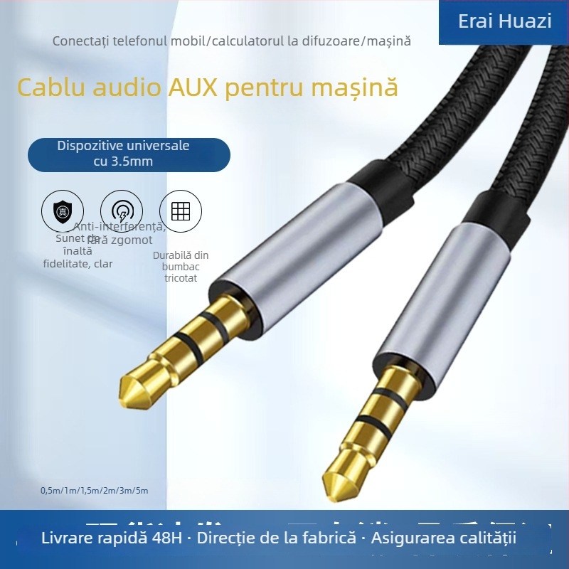 Cablu audio auto 3,5 mm bărbat-bărbat — conectori placati cu aur, nucleu din cupru emailat, carcasă din aliaj de aluminiu, înveliș TPU cu nailon împletit, compatibil universal 3,5 mm
