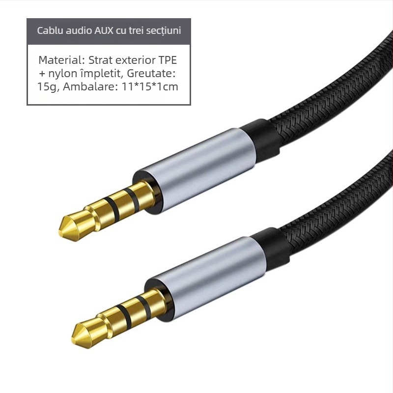 Cablu audio auto 3,5 mm bărbat-bărbat — conectori placati cu aur, nucleu din cupru emailat, carcasă din aliaj de aluminiu, înveliș TPU cu nailon împletit, compatibil universal 3,5 mm