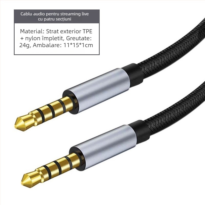 Cablu audio auto 3,5 mm bărbat-bărbat — conectori placati cu aur, nucleu din cupru emailat, carcasă din aliaj de aluminiu, înveliș TPU cu nailon împletit, compatibil universal 3,5 mm
